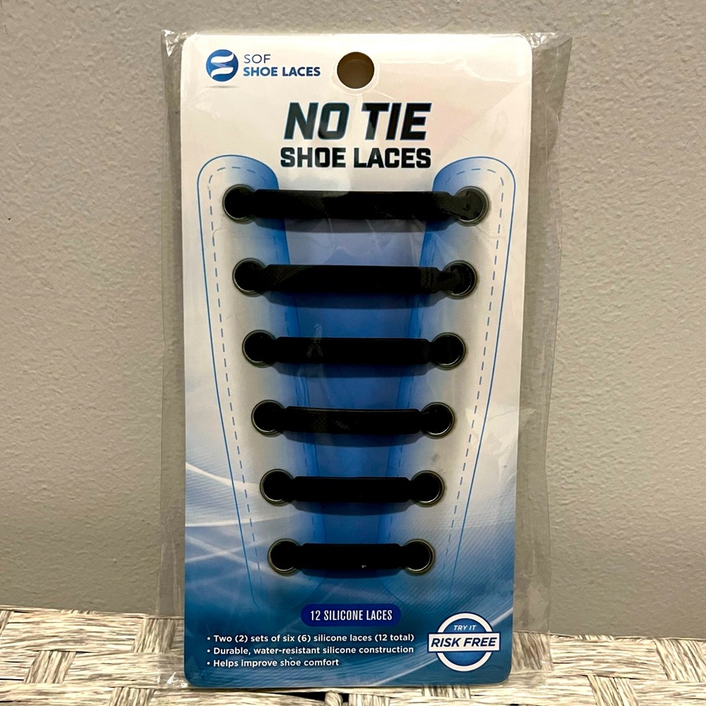 SOF No Tie Black Shoe Laces Silicone Slip on Shoes 2 Sets of 6 Durable